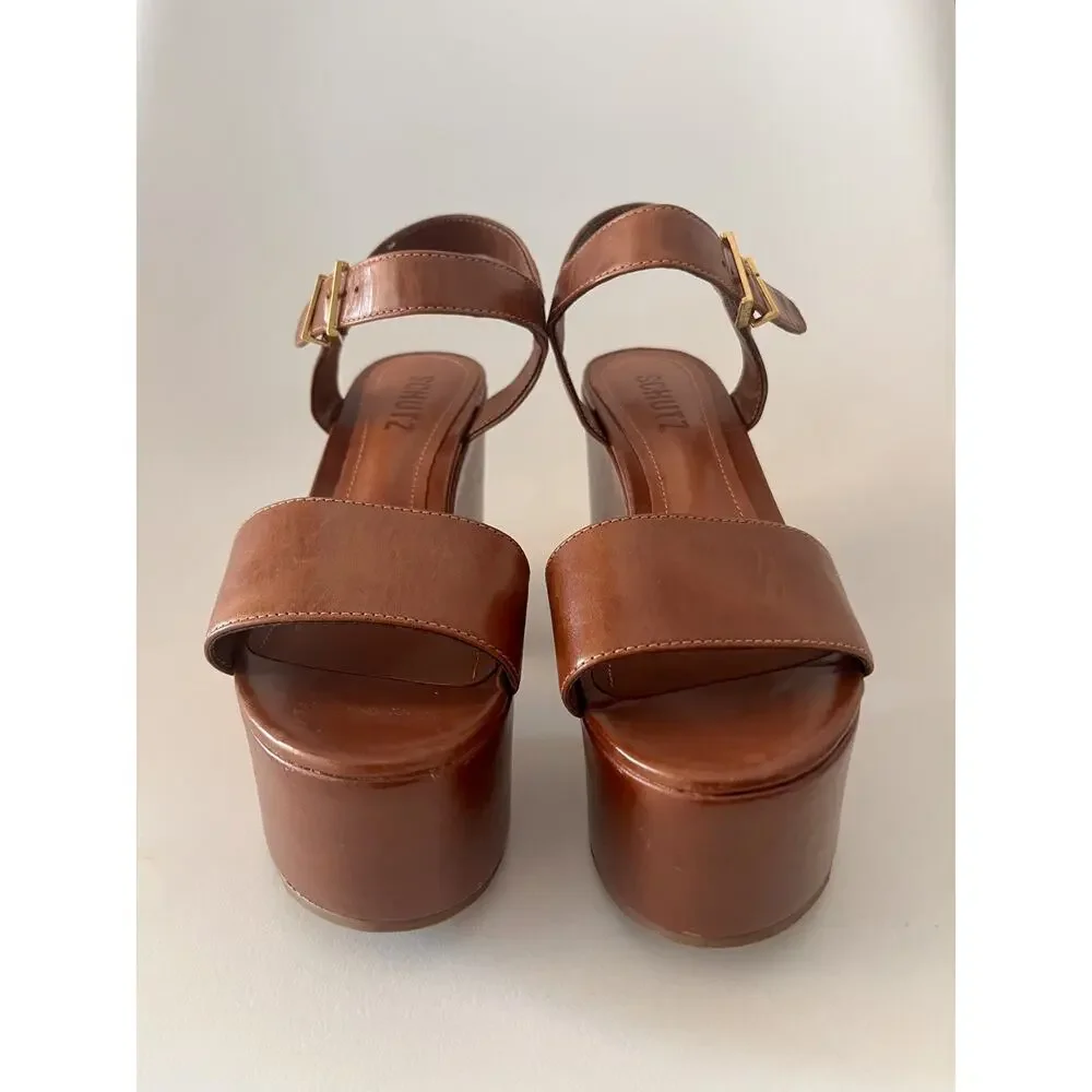 Schutz Tuke Platform Sandals Womens US 5.5 Cognac Brown Leather Chunky Heel NWOB